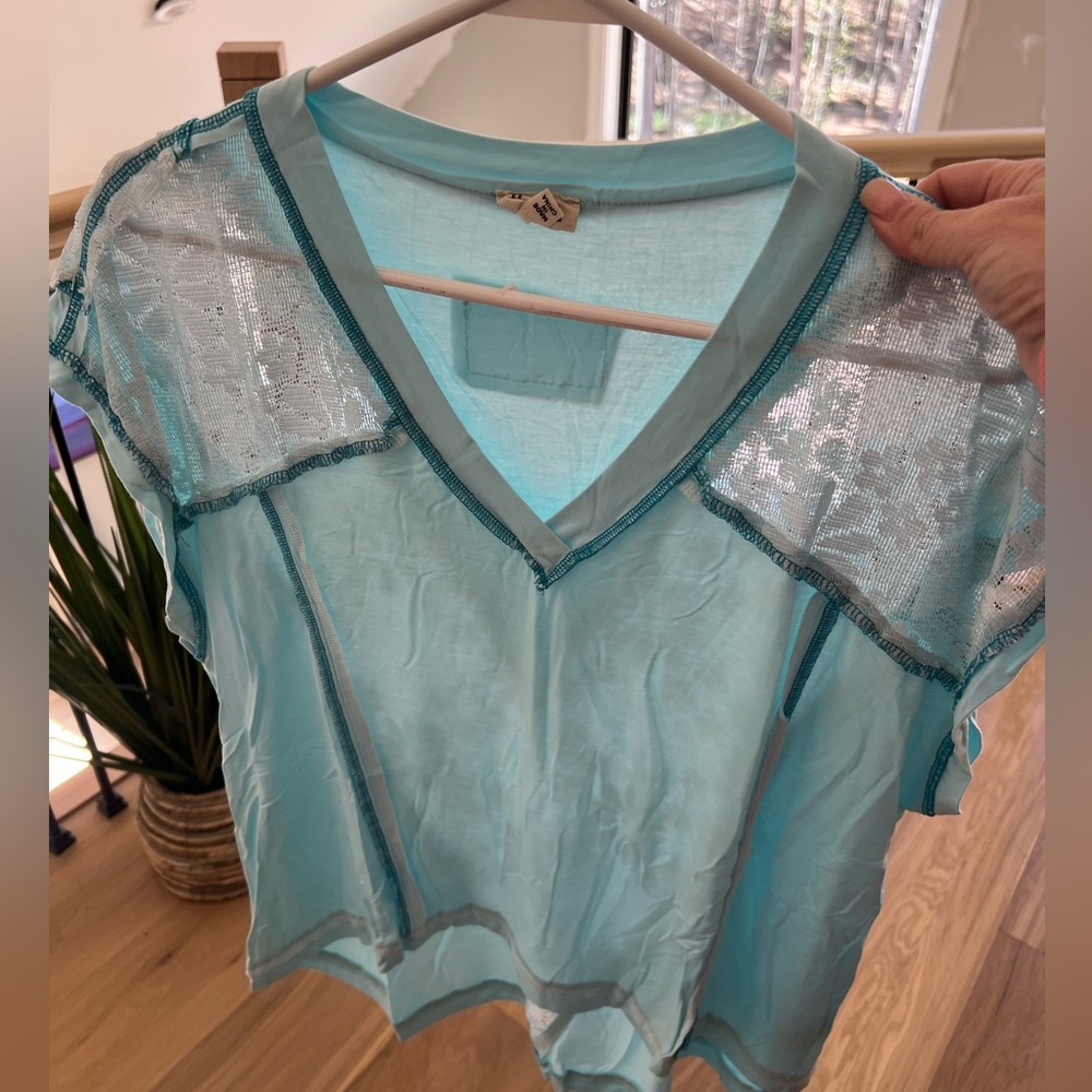 POL Light Blue Sheer Lace Top